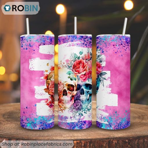 Floral Couple Skull 3D Printed Skinny Tumbler, Skeleton Flower Tumbler
