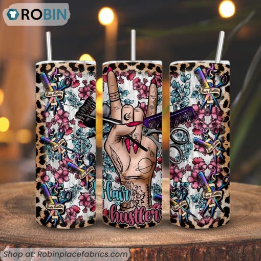 Hair Hustler Leopard Floral 3D Printed Skinny Tumbler, Hairdresser Tumbler