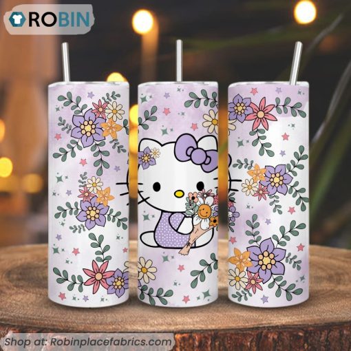 Hello Kitty Flowers 3D Printed Skinny Tumbler, Kawaii Cat Tumbler