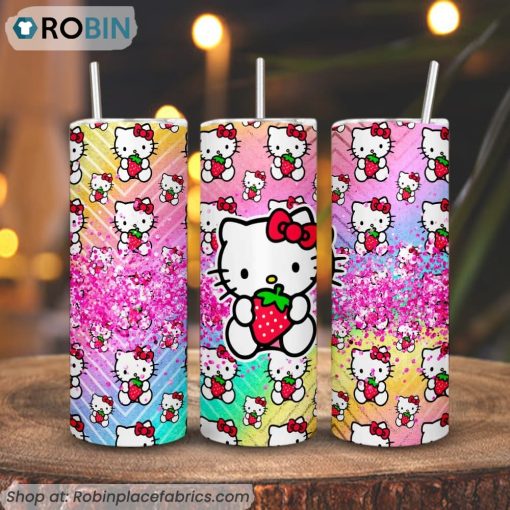 Hello Kitty With Strawberry 3D Printed Skinny Tumbler, Cute Sanrio Cat Tumbler