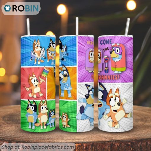 Here Come The Grannies Bluey 3D Printed Skinny Tumbler, Bluey Family Characters Tumbler