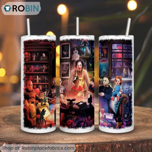 Horror Friends Night Watch Party 3D Printed Skinny Tumbler, Happy Halloween Party Tumbler
