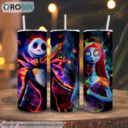 Jack And Sally Watercolor 3D Printed Skinny Tumbler, Nightmare Before Christmas Tumbler