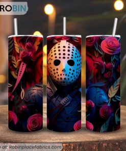 Jason Voorhees 3D Floral 3D Printed Skinny Tumbler, Halloween 13th Friday Tumbler