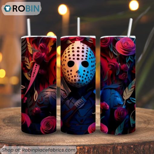 Jason Voorhees 3D Floral 3D Printed Skinny Tumbler, Halloween 13th Friday Tumbler