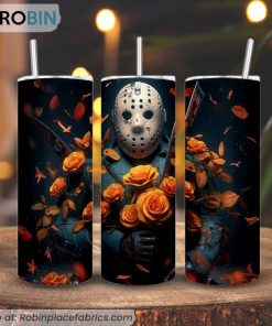 Jason Voorhees Flower 3D Printed Skinny Tumbler, Friday The 13th Halloween Tumbler
