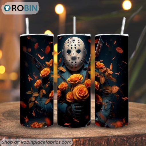 Jason Voorhees Flower 3D Printed Skinny Tumbler, Friday The 13th Halloween Tumbler