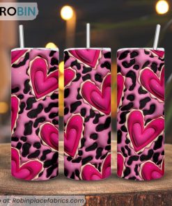 Leopard Pink Heart 3D Puff 3D Printed Skinny Tumbler, Love Tumbler