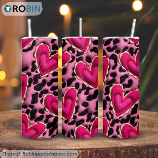 Leopard Pink Heart 3D Puff 3D Printed Skinny Tumbler, Love Tumbler