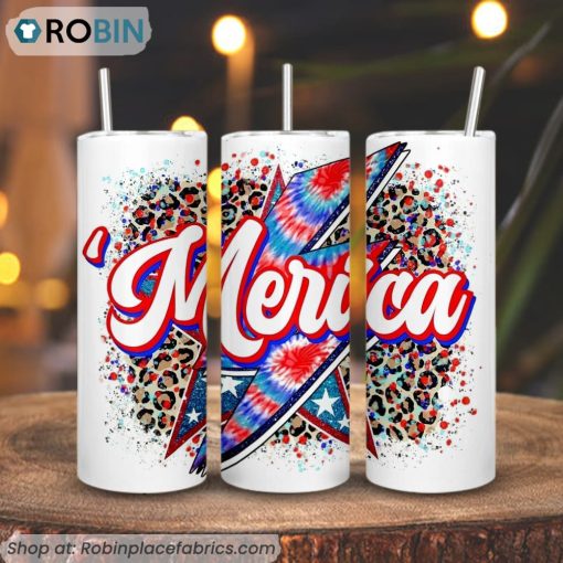 Merica Leopard Lightning Bolt 3D Printed Skinny Tumbler, 4th Of July Straight And Tapered Tumbler