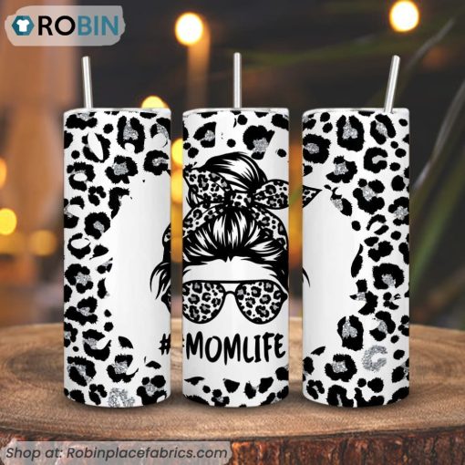 Mom Life Leopard Messy Bun 3D Printed Skinny Tumbler, Mothers Day Tumbler