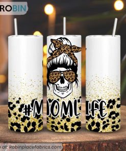 Mom Life Leopard Messy Bun Skull 3D Printed Skinny Tumbler