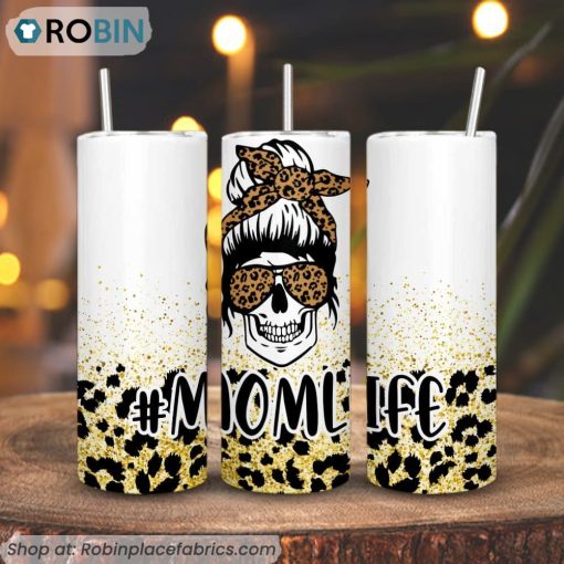 Mom Life Leopard Messy Bun Skull 3D Printed Skinny Tumbler