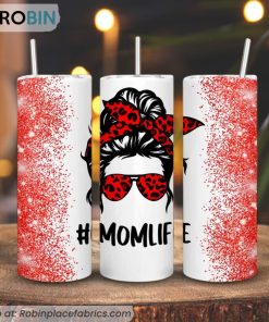 Mom Life Leopard Red Messy Bun 3D Printed Skinny Tumbler