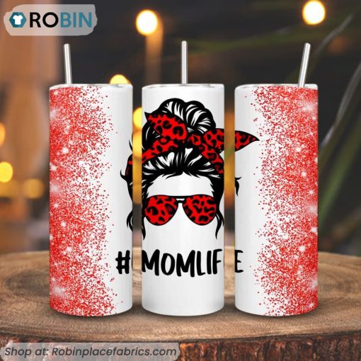 Mom Life Leopard Red Messy Bun 3D Printed Skinny Tumbler
