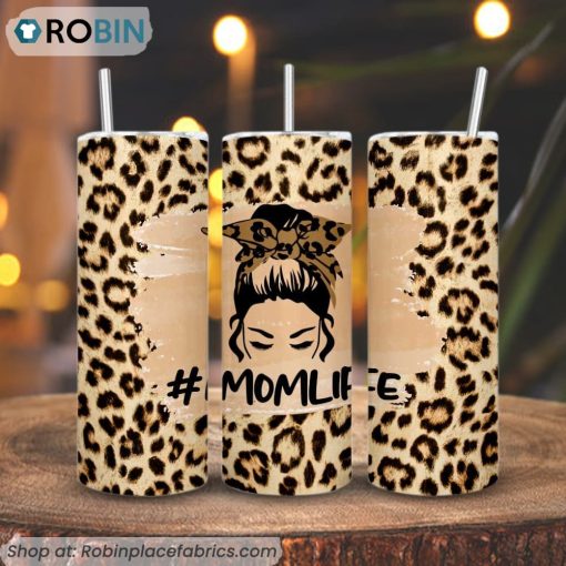 Mom Life Leopard 3D Printed Skinny Tumbler, Messy Bun MomTumbler