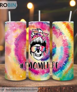 Mom Life Tie Dye Messy Bun Skull 3D Printed Skinny Tumbler