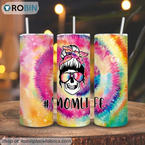 Mom Life Tie Dye Messy Bun Skull 3D Printed Skinny Tumbler