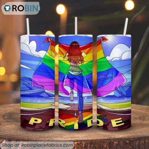 Pride Girl With Rainbow Flag 3D Printed Skinny Tumbler, Lesbian Pride Tumbler