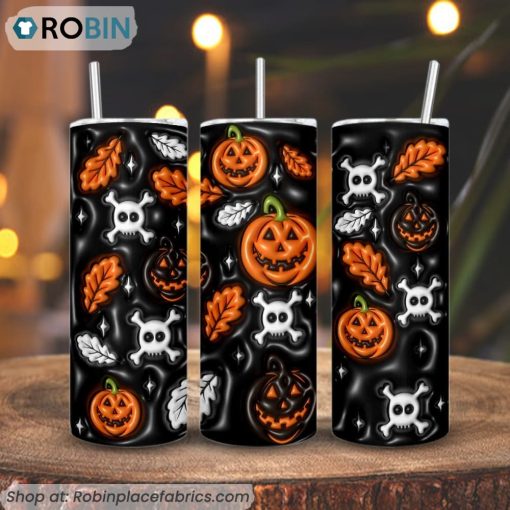 Pumpkin And Skull 3D Inflated 3D Printed Skinny Tumbler, Halloween 3D Tumbler