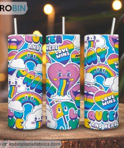 Queer And Here 3D Printed Skinny Tumbler, Funny LGBT Rainbow Heart Tumbler