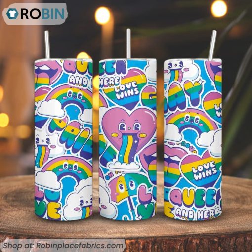 Queer And Here 3D Printed Skinny Tumbler, Funny LGBT Rainbow Heart Tumbler