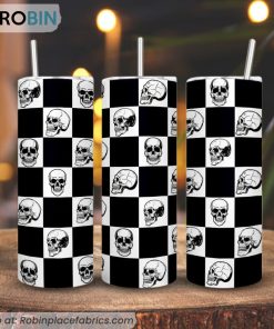 Skull Checkerboard 3D Printed Skinny Tumbler, Skeleton Straight And Tapered Tumbler
