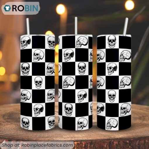 Skull Checkerboard 3D Printed Skinny Tumbler, Skeleton Straight And Tapered Tumbler