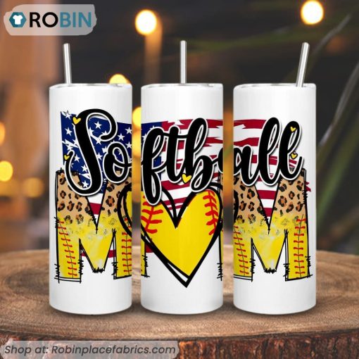 Softball Mom American Flag 3D Printed Skinny Tumbler, Mothers Day Sports Tumbler