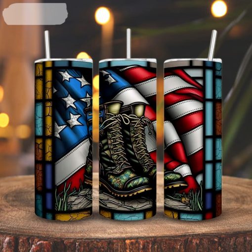 Soldier Boots US Flag Stained Glass 3D Printed Skinny Tumbler, American Military Straight And Tapered Tumbler