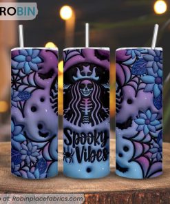Spooky Vibes Skeleton Starbucks 3D Puff 3D Printed Skinny Tumbler, Halloween Coffee 3D Tumbler