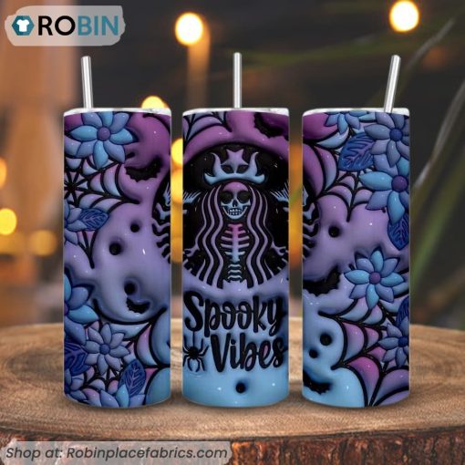 Spooky Vibes Skeleton Starbucks 3D Puff 3D Printed Skinny Tumbler, Halloween Coffee 3D Tumbler
