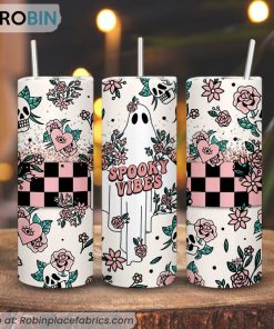 Spooky Vibes 3D Printed Skinny Tumbler, Retro Halloween Ghost Tumbler