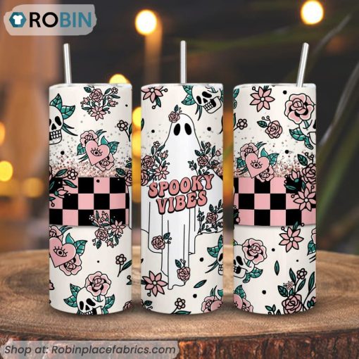 Spooky Vibes 3D Printed Skinny Tumbler, Retro Halloween Ghost Tumbler