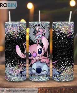 Stitch And Angel Ohana Coffee 3D Printed Skinny Tumbler, Lilo And Stitch Tumbler