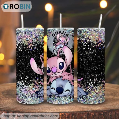 Stitch And Angel Ohana Coffee 3D Printed Skinny Tumbler, Lilo And Stitch Tumbler
