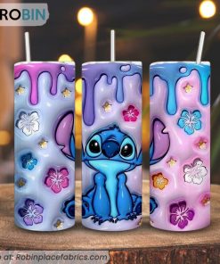 Stitch With Flowers 3D Puff 3D Printed Skinny Tumbler, Disney Stitch Cartoon 3D Tumbler