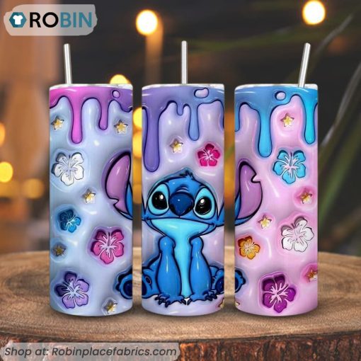 Stitch With Flowers 3D Puff 3D Printed Skinny Tumbler, Disney Stitch Cartoon 3D Tumbler