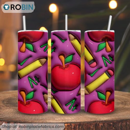 Teacher Apple 3D Puff 3D Printed Skinny Tumbler, School Tumbler