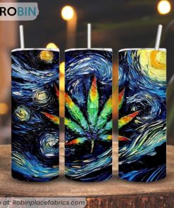 The Starry Night Weed Leaf 3D Printed Skinny Tumbler, Van Gogh Marijuana Tumbler