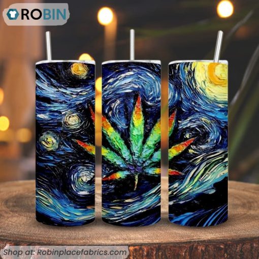 The Starry Night Weed Leaf 3D Printed Skinny Tumbler, Van Gogh Marijuana Tumbler