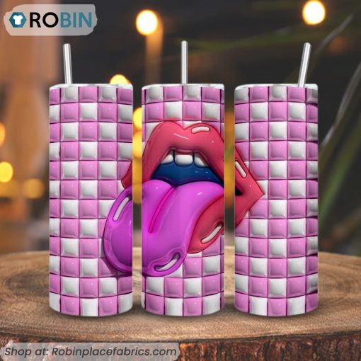 Tongue Lips Pink Checkered 3d Inflated 3D Printed Skinny Tumbler