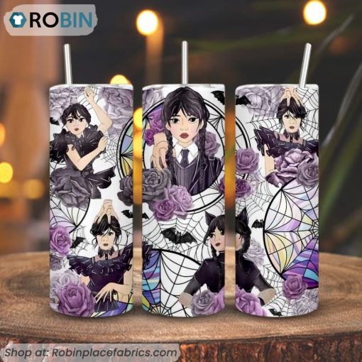 Wednesday Dark Flowers And Bat 3D Printed Skinny Tumbler
