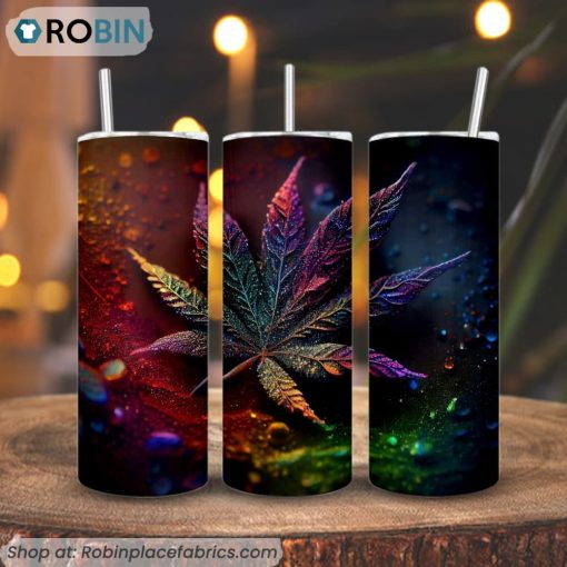 Weed Leaf Colorful Glitter 3D Printed Skinny Tumbler, Marijuana Tumbler