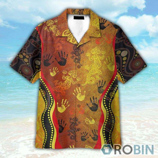 Aboriginal Australia Rock Painting Hand Lizard Art Golden Style Hawaiian Shirt