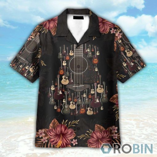 Acoustic Guitar Tropical Flowers Hawaiian Shirt