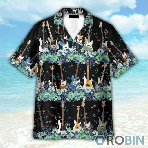 Bass Guitar Tropical Flower Strip Pattern Hawaiian Shirt