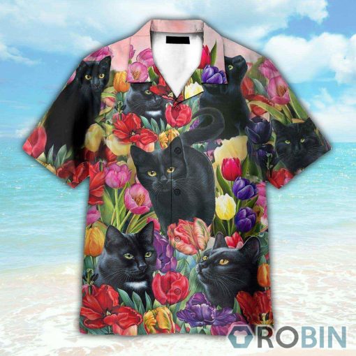 Black Cat Dream And Tulip Garden Hawaiian Shirt