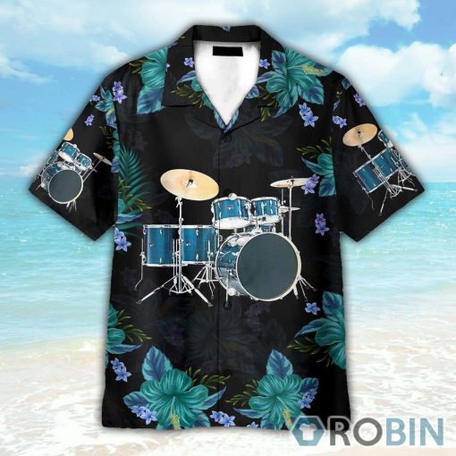 Blue Drum Tropical Flower Pattern Hawaiian Shirt