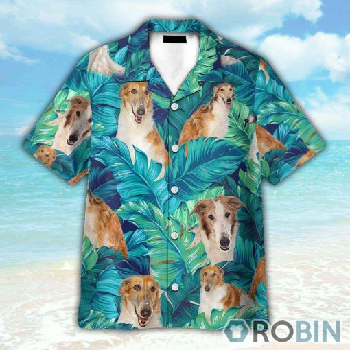 Borzoi In Tropical Green Leaves Hawaiian Shirt